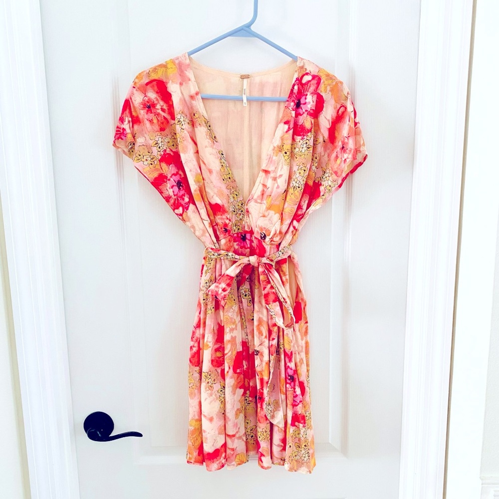 Free People Freddy Floral Mini Dress Boho Tie Waist V Neck Summer